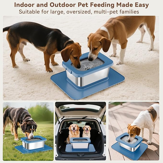 10L No Spill Dog Water Bowl, 2.6 Gal Stainless Steel No Splash Large Dog Water Bowl with Non-Slip Silicone Mat, Spill Proof Slow Drinking Pet Bowls for Messy Drinkers Indoor/Outdoor Use Blue