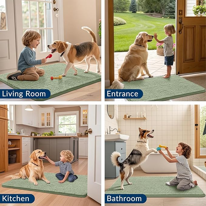 Smiry Dog Door Mat for Muddy Paws 47x24, Absorbs Moisture and Dirt Doormat, Non-Slip Washable Quick Dry Chenille Front Door Mat Indoor Entrance, Entryway Carpet for Inside Floor, Sage Green