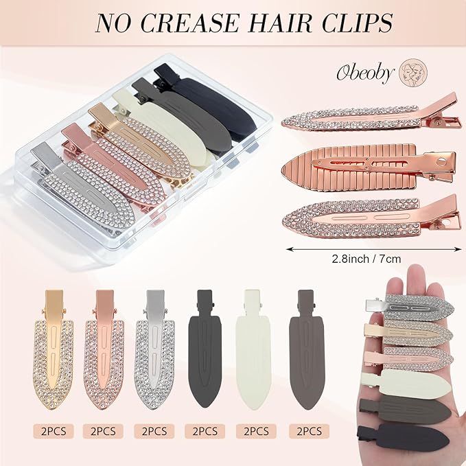 Obeoby 12-Pack No Bend No Crease Hair Clips, Rhinestone Hair Clip for Styling & Makeup, 2.76 Inch Metal Barrettes Hair Accessories for Women Girls - Secure Bangs, Manage Stray Hair, Wedding & Everyday