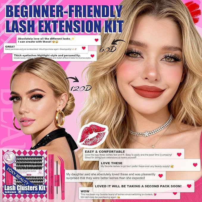 Lash Clusters Kit Lashes Fluffy Lash clusters Thick Lash Extension Kit D Curl DIY False Eyelashes with Bond and Remover 60D 120D