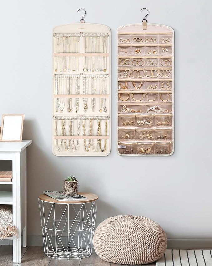 BAGSMART Hanging Jewelry Organizer, Necklace Holder Anti-tangle Earrings Rings Hanger with Pockets Hang on Closet, Wall, Door,1 Piece, Large Beige