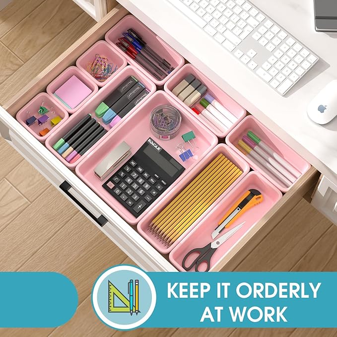 10 PCS Drawer Organizer Set, 4 Size Makeup Drawer Divider Organizer With Non-Slip Pads, Interlocking Plastic Storage Bins for Office,Jewelry Vanity,Gadgets, Bathroom,Kitchen, Pink