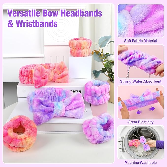 6 Pack Spa Headband with Wristbands: Washing Face Facial Makeup Skincare Headbands for Women Teen Girls - Soft Coral Fleece Elastic Hair Wraps for Easter Basket Stocking Stuffers Valentines Day Gifts