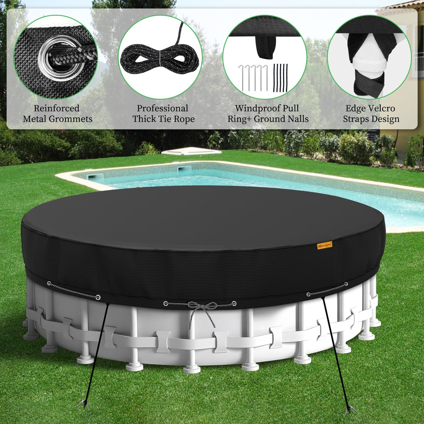 10Ft Round Pool Cover,Heavy Duty Waterproof Round Pool Covers for Above Ground Pools with Ground Nails and Windproof Ropes,Increase Stability&Tear-Resistant, Waterproof and Dustproof, Black