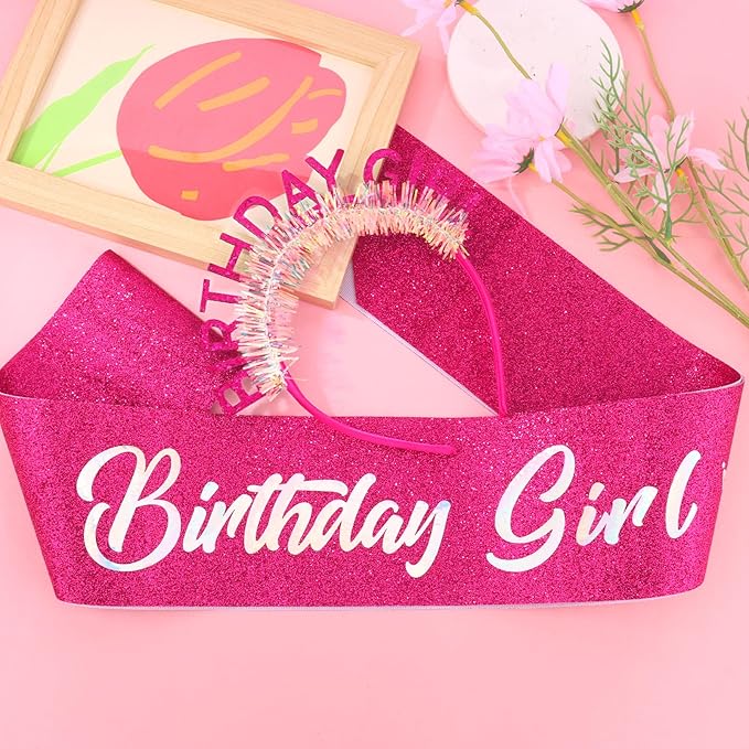 CIEHER Rose Pink Birthday Girl Headband & Birthday Sash for Women Girls Decorations & Party Favors