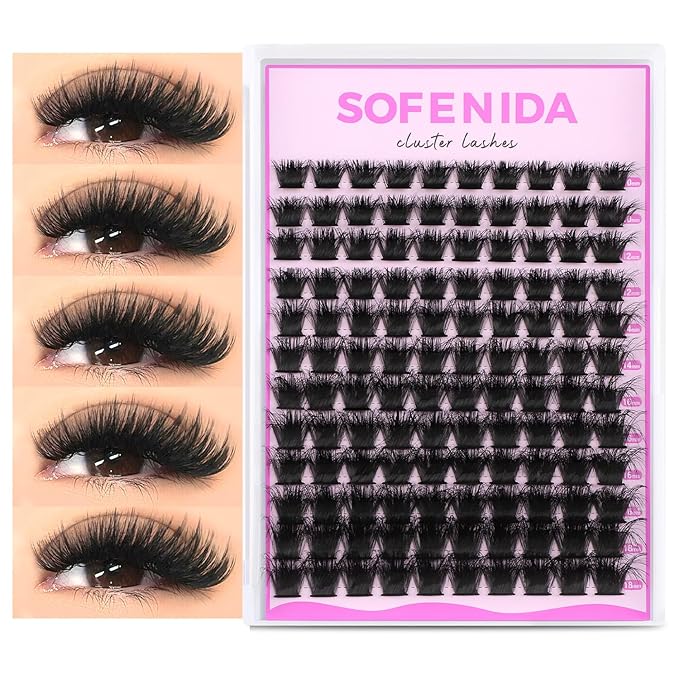 SOFENIDA Lash Clusters Thick 200D Eyelash Clusters 10-18mm Volume Cluster Lashes D Curly Cluster Eyelash Extensions Wispy Lash Clusters DIY Lash Extension at Home(200D-10-18MIX Lashes)