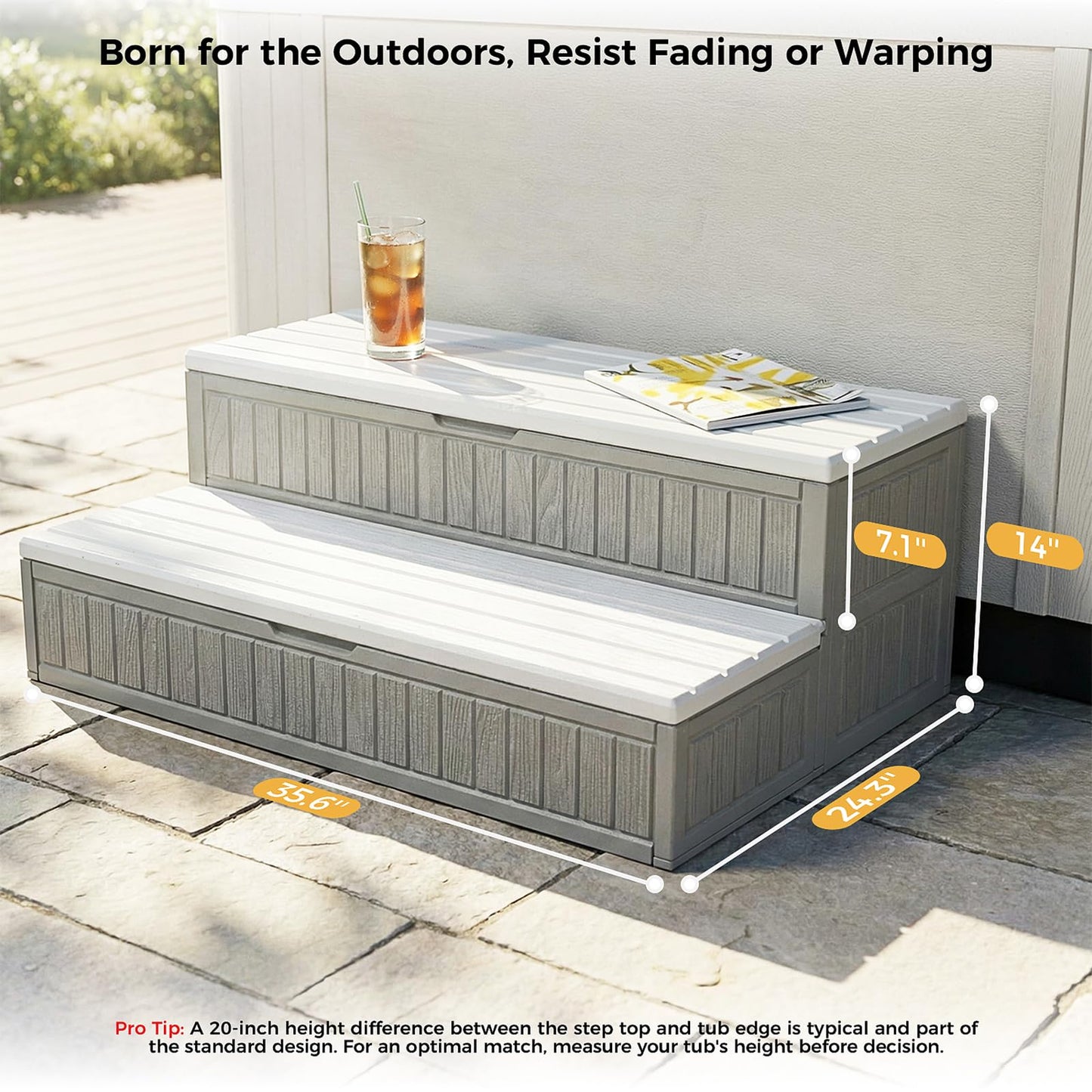 CAMMOO Hot Tub Steps - Double-Decker Large Storage & Snap-Together Assembly, Fully Sealed Spa Steps with Non-Slip Wider Step, Hot Tub Stairs, Outdoor/Indoor, Grey-White