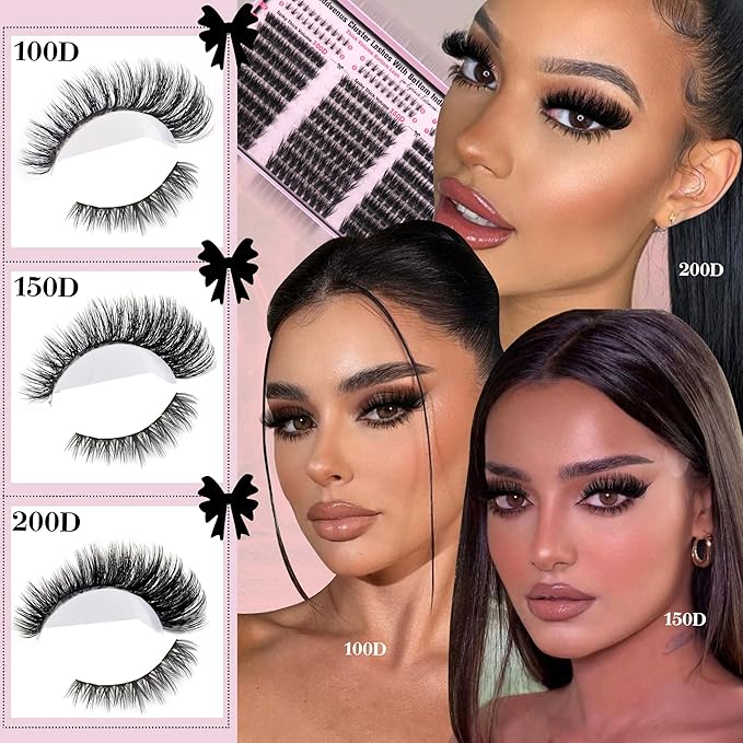Goddvenus Lash Clusters Volume Cluster Eyelash Extensions D Curl Waterproof Individual Lashes 240pcs Fluffy Faux Mink Cluster Lashes and 60pcs Bottom Lashes for DIY Eyelash Extension