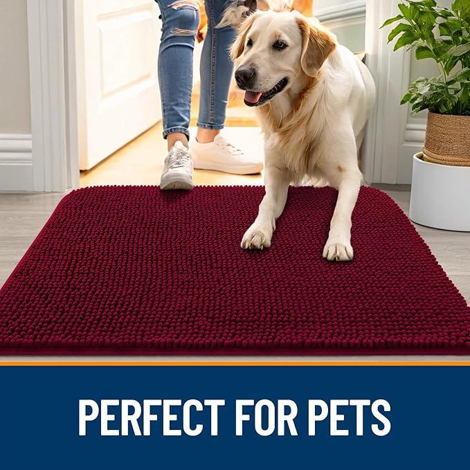 OLANLY Dog Door Mat for Muddy Paws 47x20, Absorbs Moisture and Dirt, Absorbent Non-Slip Washable Doormat, Quick Dry Chenille Mud Mat for Dogs, Entry Indoor Entryway Carpet for Inside Floor, Burgundy