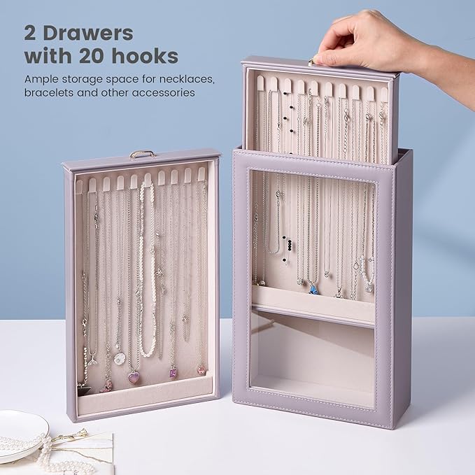 Lolalet Necklace Organizer Box, Jewelry Storage Box with Clear Window for Necklaces Bracelets, Tangle-Free Necklace Display Case for Women Girls -Dusty Purple, 2 Layers 20 Hooks