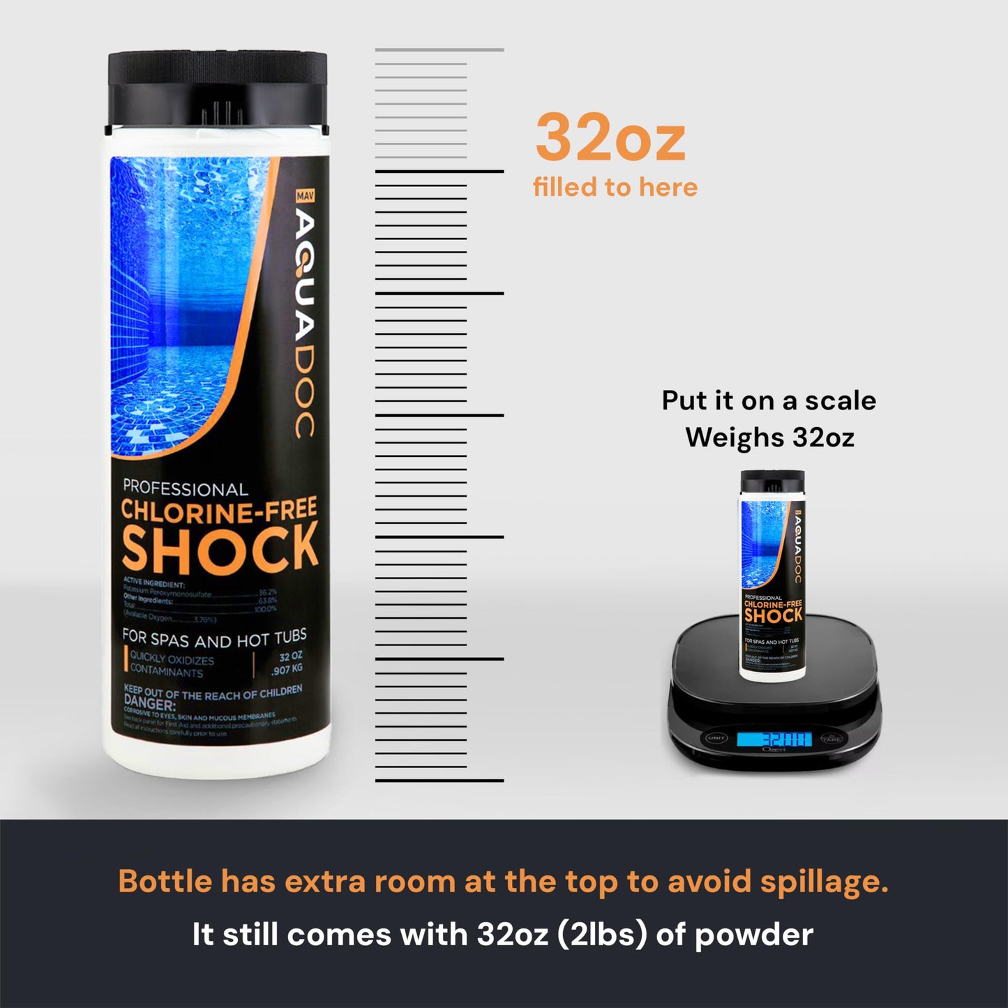 AquaDoc Non Chlorine Hot Tub Shock - 32oz - Enhanced Spa Shock to Assist Bromine and Chlorine - Spa Oxidizer Made in USA