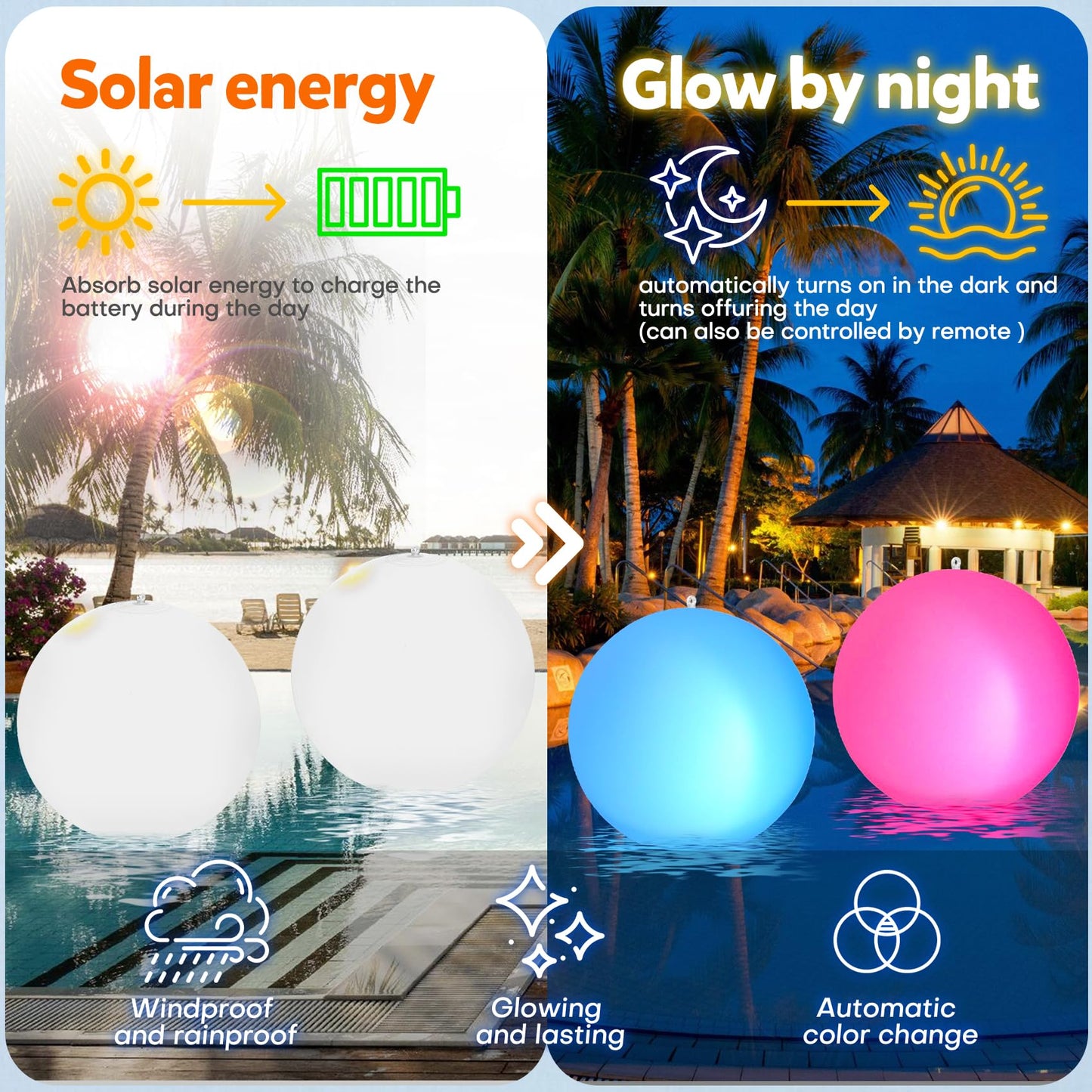 Bud K Solar Floating Ball Pool Lights 4 Pack, 14 inch Floating Pool Lights Solar Powered w/ 16 Light Modes, Inflatable Led Light Pool Balls, Light Up Beach Balls for Pool Decorations Outdoor