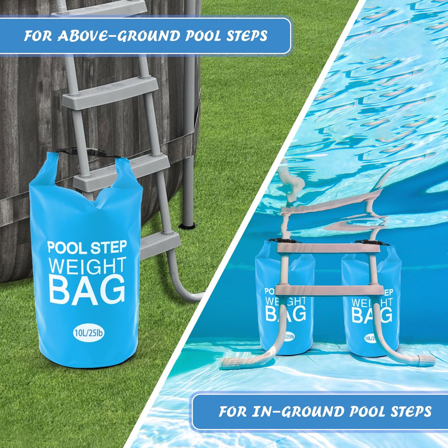 2 Pack 10L/25lb Universal Pool Step Weights 250D PVC Waterproof Swimming Pool Ladder Weights No Breaken Above Ground Pool Ladder Sand Bags, Foldable Pool Stair Weights for Pool Steps (Sky Blue)