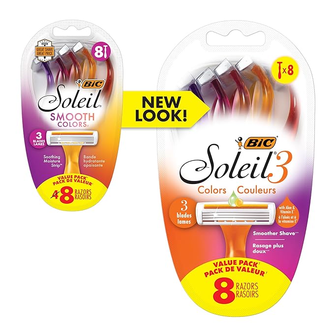 BIC Soleil 3 Colors Women's Disposable 3-Blade Razors, Aloe Vera and Vitamin E Lubricating Strip for Smooth Shaves, 8-Pack