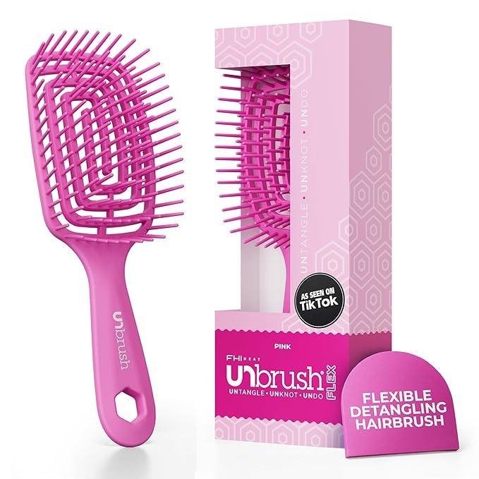FHI Heat UNbrush Flex Detangling Brush — Ultra-Flexible, Pain-Free Hair Brush Detangler with DuoFlex Anti-Static Bristles for Removing Tangles, Massaging Scalp & Faster Styling - Pink