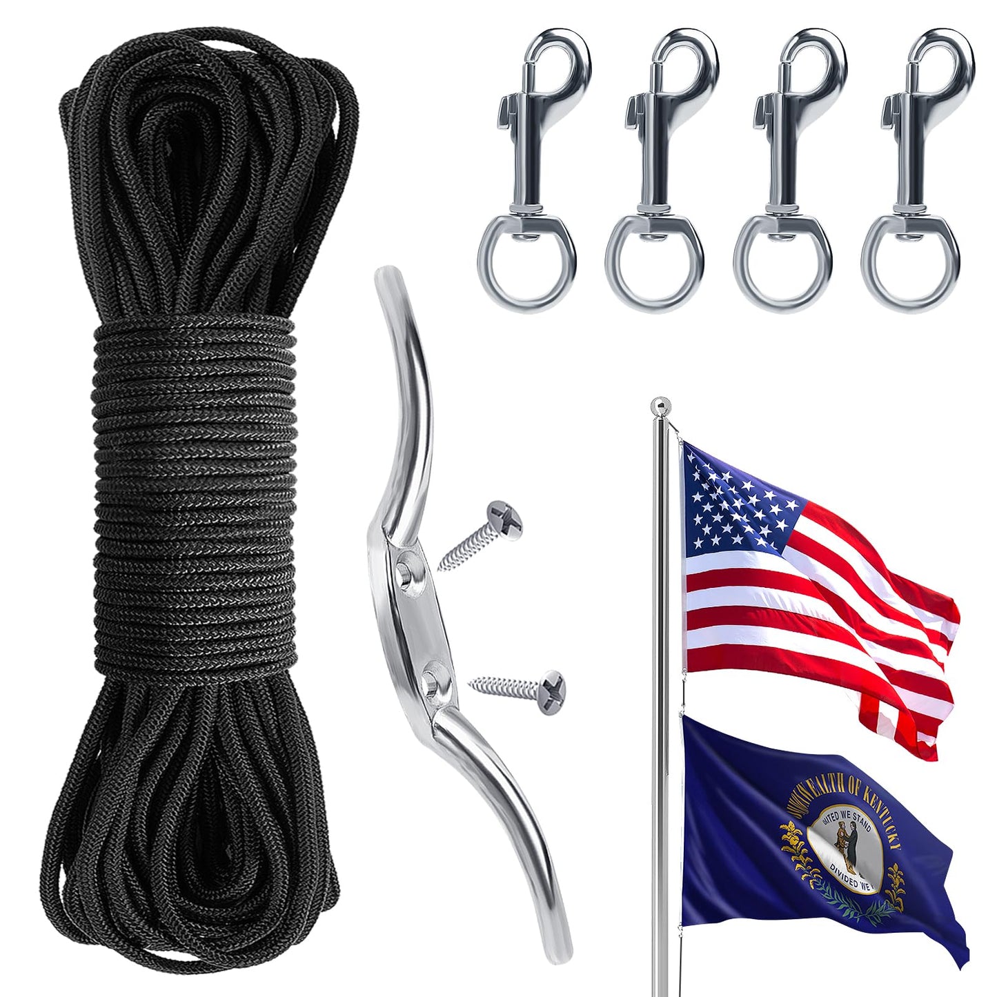 Flag Rope and Clips Kit - 100ft Flag Pole Rope Halyard with Cleat Hook & 4 Pcs Swivel Snap Clips for Flagpoles Up to 50ft, Outdoor Porch Flagpoles Repair Replacement Parts Accessories