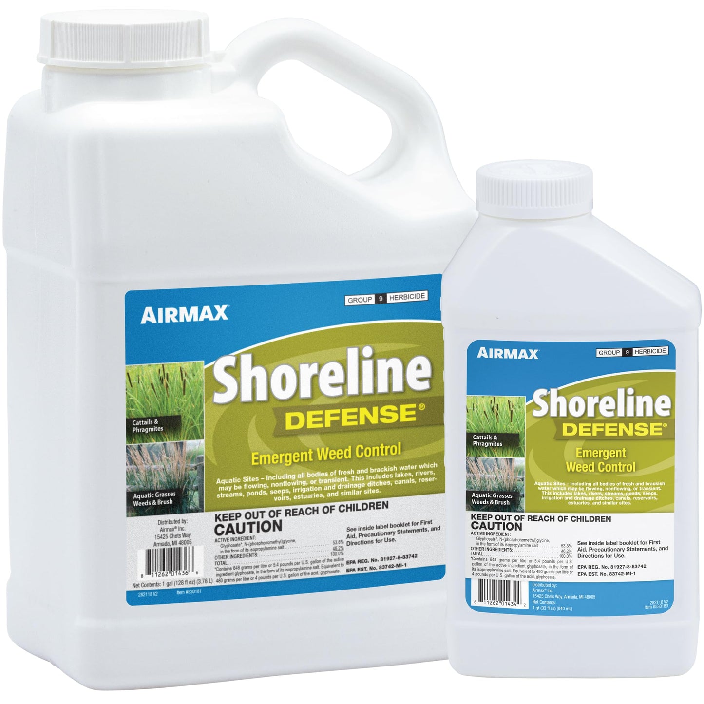 Airmax Shoreline Defense Emergent Weed Control Concentrated Treatment, Aquatic Herbicide (Glyphosate) for Phragmites, Pond Grass & Cattails, 1 Gallon