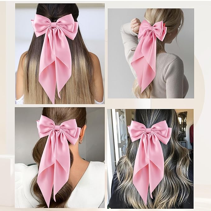 6Pcs Large Bows Hair Clips for Women Girls Long Tail Hair Ribbon Silky Satin Barrettes Coquette Bows Accessories (Pink)