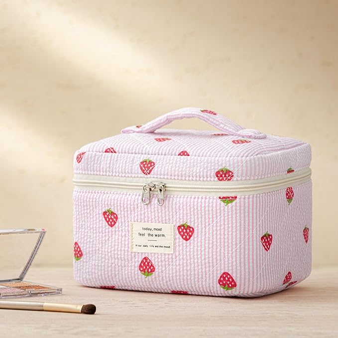 HBselect Quilted Makeup Bag, 3PCS Cotton Large Travel Makeup Bag, Cute Floral Coquette Make up Bag Cosmetic Bag Toiletry Bag for Women Girls
