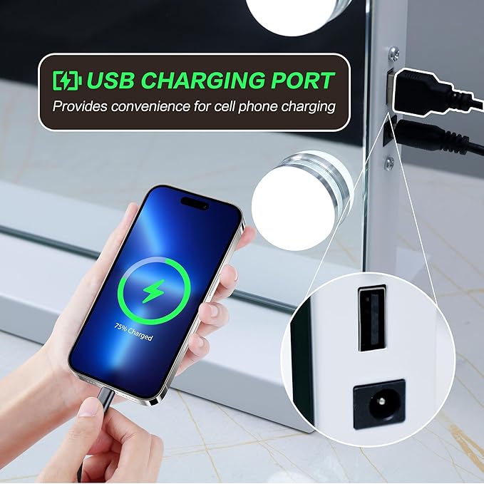 Vanity Mirror with Lights Lighted Makeup Mirror with 15 Dimmable LED Bulbs,3 Color Lighting Modes,USB Charging Port Touch Control,Sturdy Metal Frame Design,White