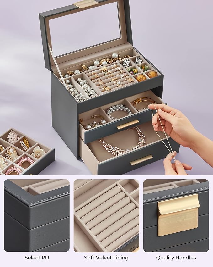 SONGMICS GISELLA Collection - Jewelry Box Organizer, 4-Layer Jewelry Storage with 3 Drawers, Shiny Metal Hardware, Glass Lid, Modern, 6 x 9.9 x 8.5 Inches, Gray and Gold Color UJBC161C01