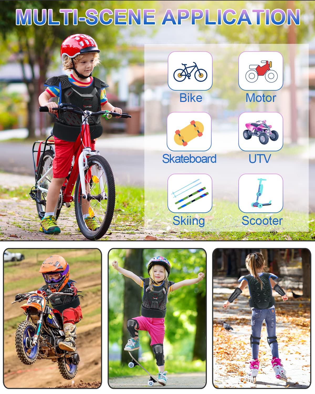 StarknightMT Kids Dirt Bike Gear - Youth Motorcycle Gear Riding Protective Motocross Armor Suit Chest Protector for 5-12 Boys Girls Biking Cycling Skating Off-Road, Blue
