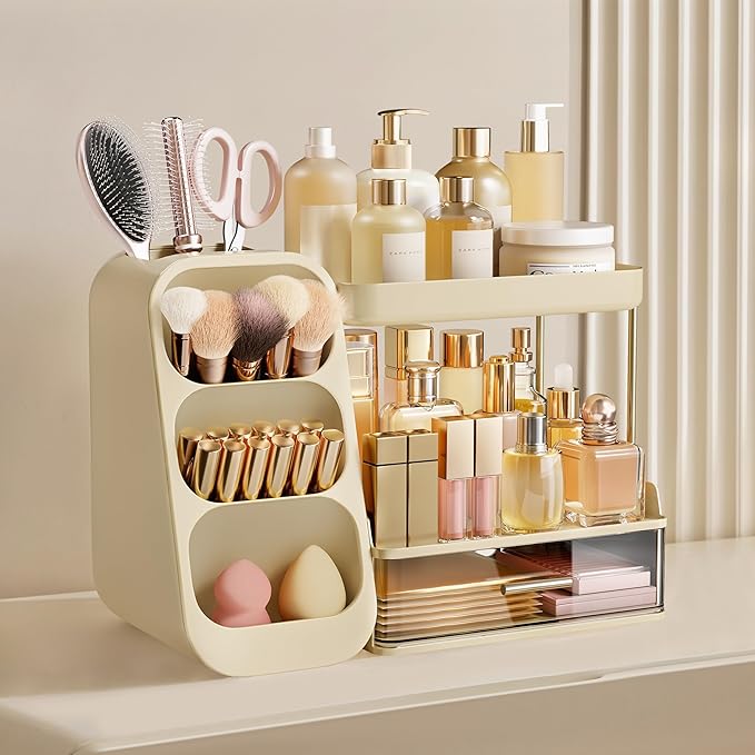 HBlife Bathroom Organizers and Storage with Brush Holder for Vanity, 3 Tier Plastic Makeup Organizer for Dresser Counter, Skincare, Lipstick, Perfume, and Cosmetic Storage, Beige