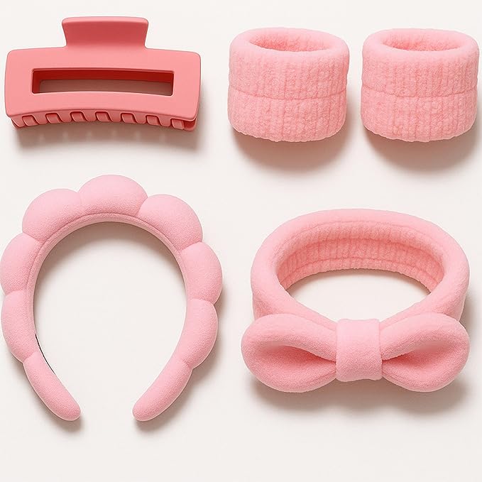 5-Piece Spa Gift Set Ã¢ÂÂ Pink Facial Headband, Hair Clip & Wristbands, One-Size Skincare Accessories for Makeup, Face Washing & Self-Care