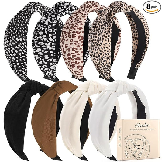 obeoby 8Pcs Fashion Leopard Headbands, Mother's Day Gift for Grandmother Knotted Headbands for Hold Hair