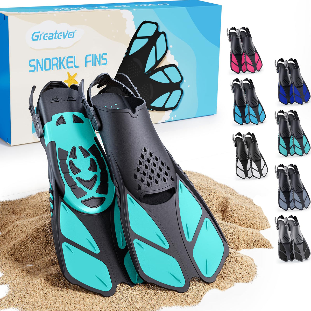 Greatever Snorkel Fins Adjustable Buckles Open Heel Swim Flippers Travel Size Short Swim Fins for Snorkeling Diving Swimming Adult Men Womens