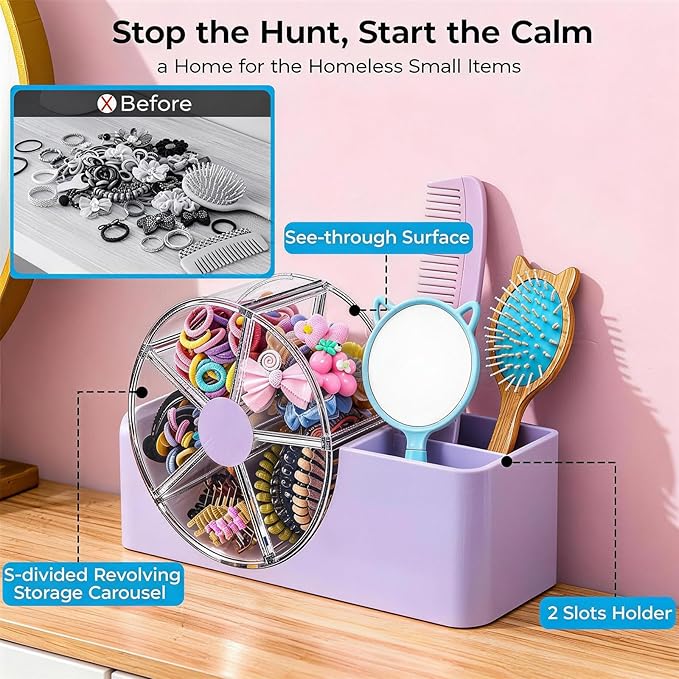 Hair Accessories Organizer for Girls, 2-Slot Hair Brush Holder & 5-Section Rotating Wheel, Cute Makeup Brush Holder for Hair Tile, Clip, Makeup Brush, Earring, Ring, Kids Vanity Accessories (Lavender)