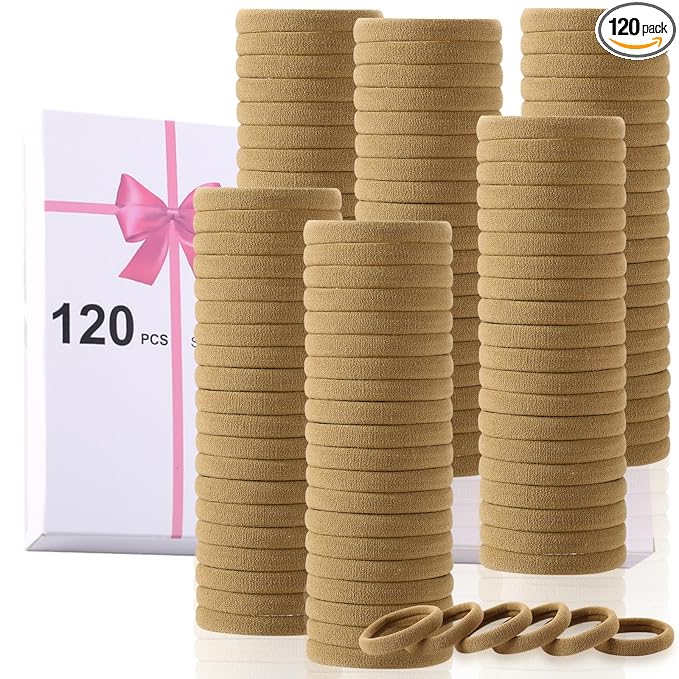 LuSeren 120 Pcs No Damage Hair Ties for Thick Hair, Large Soft Seamless Nylon Hair Elastics for Women, Ponytail Holders, Hair Accessories Ã¢ÂÂ Light Brown