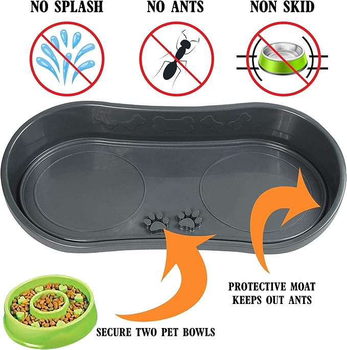 Non-Skid Pet Bowl Tray - with 2 Slow Down Bowls Set - for Small to Medium Dogs - Protects Floor from Food and Water
