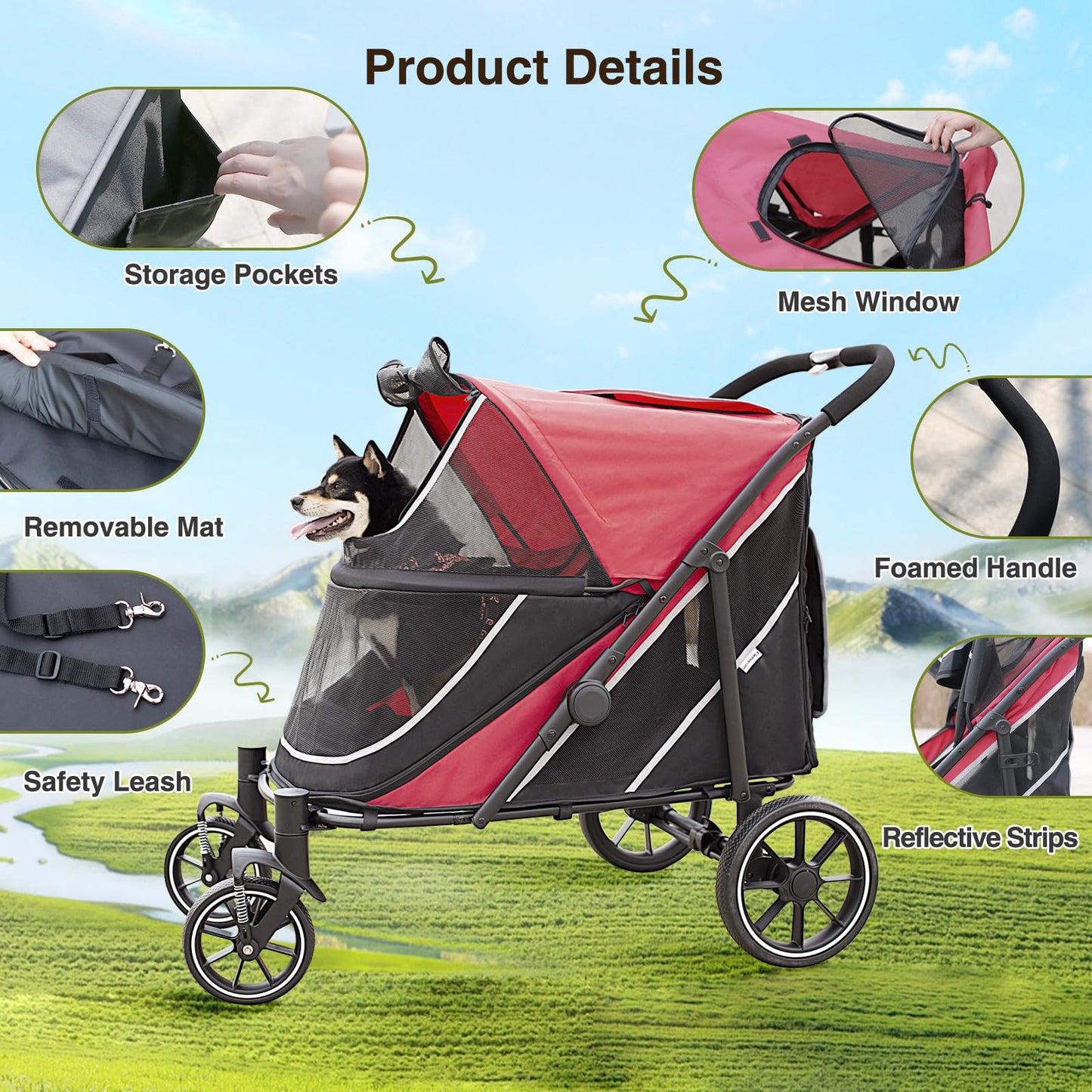Dog Stroller for Medium/Large Dogs One-Click Folding, Extra Large Pet Stroller for 2 Dogs with Storage Pocket & Shock Absorption, Up to 130 lbs, Red