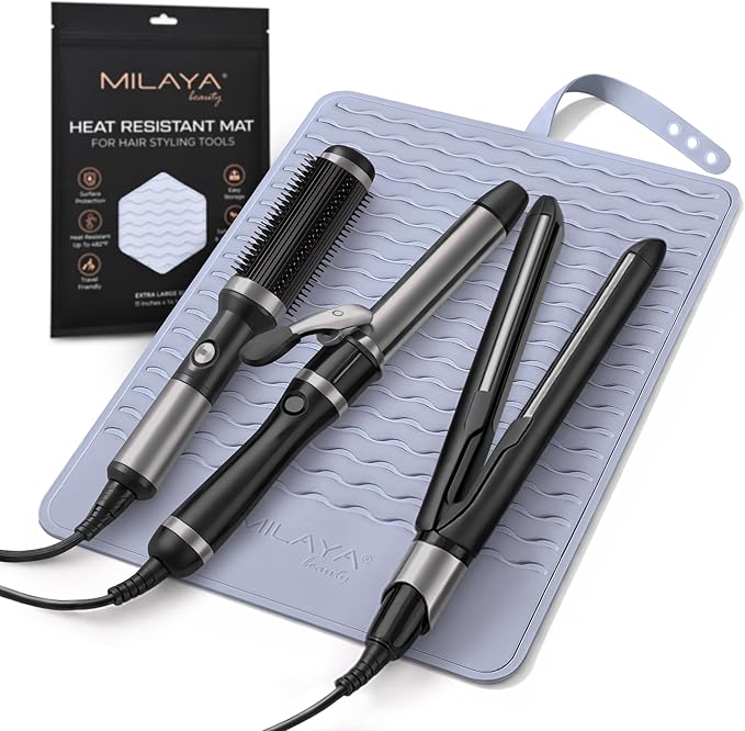 Milaya Beauty Extra Large Heat Resistant Mat for Hair Tools – Silicone Curling Iron Holder & Flat Iron Holder – Non-Slip Hot Tool Mat & Vanity Mat – Vanity Accessories for Women, Salon, Travel
