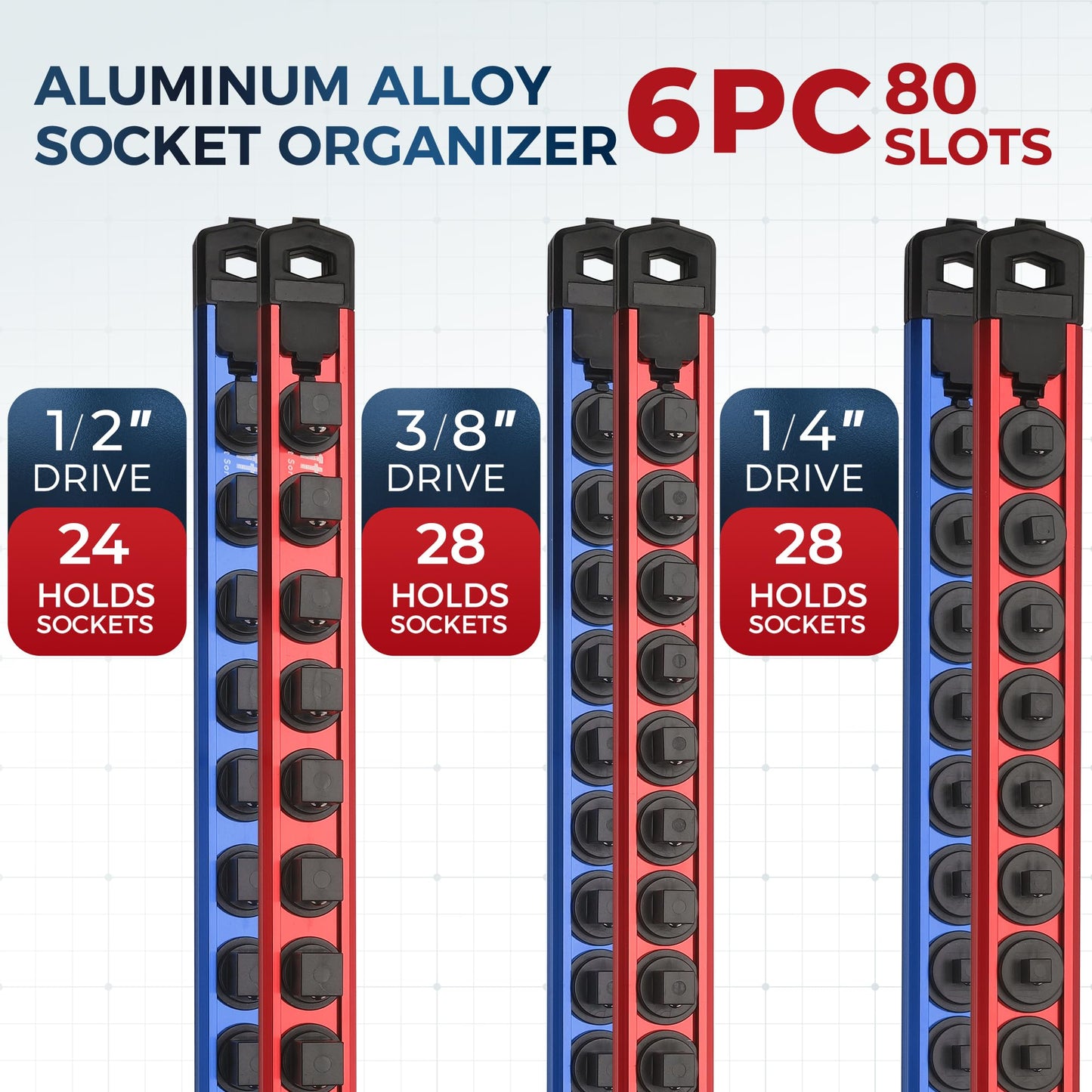 Reniteco Magnetic Socket Organizer Set, 6PC 1/2" 3/8" 1/4" Drive Aluminum Alloy Socket Holder with 80PC 360° Swivel Removable Clips, Magnetic Socket Rail for Tool Box Drawer, Red&Blue