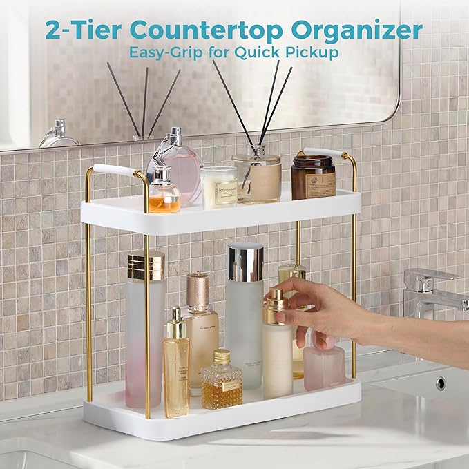Vtopmart 2-Tier Bathroom Countertop Organizer, Vanity Dresser Counter Tray Shelf for Skincare, Perfume, Makeup, Gold