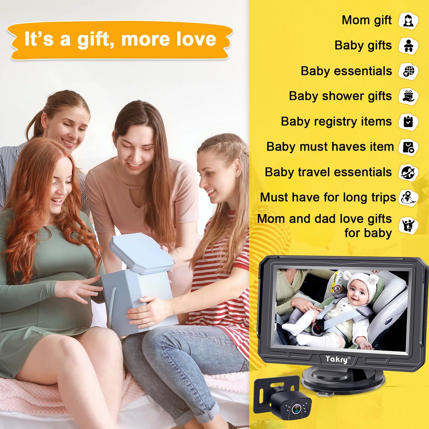 Yakry Baby Car Camera for Backseat - HD 1080P, 170° Wide Angle, Night Vision, 360° Rotation, Safe for Babies, Easy Install, Rear-Facing Baby Car Mirror for Parents Y60