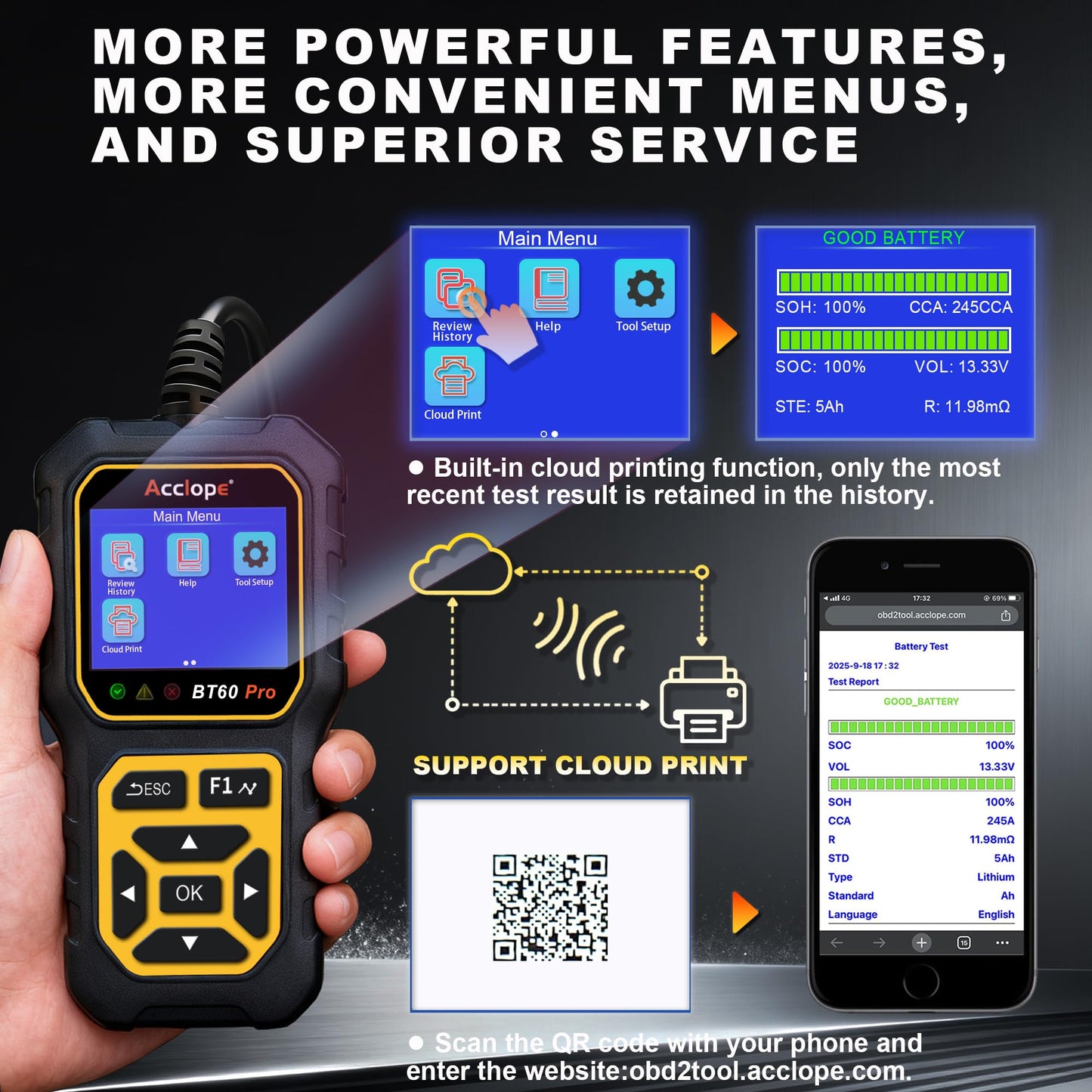 Acclope BT60 PRO Car Battery Tester 6V/12V/24V, 2–120Ah, 100–3000 CCA, AGM/Gel/Lithium, Alternator & Starter/Charging System Analyzer, QR Cloud Report (No App), Digital Analyzer