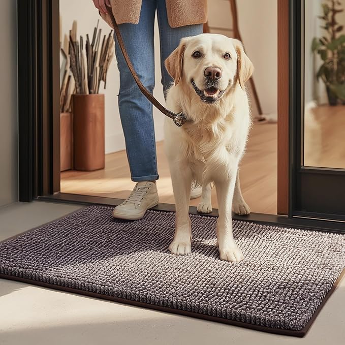 EHEYCIGA Super Absorbent Dog Door Mat for Muddy Paws 60x36 Inch Indoor, Front Doormat Outside Entrance, Quick Dry Chenille Washable Dog Crate Bed, Non-Slip Pet Rug Mud Mat Outdoor Entryway, Brown