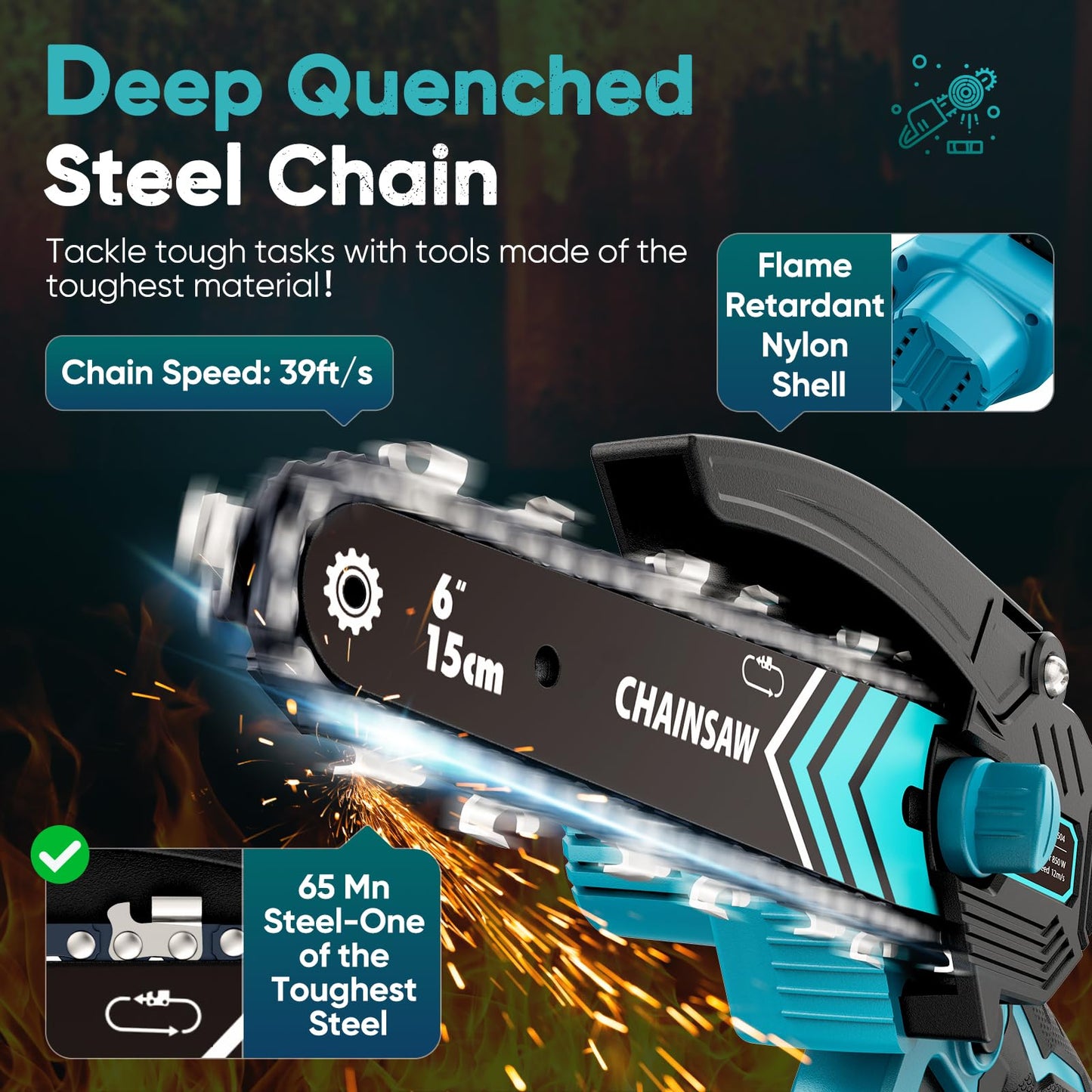 Chainsaw 6-Inch 2 Pack 2000mAh Battery Hand Mini Chain Saw Birthday Christmas Gifts for Men Portable Cordless for Wood Cutting Tree Trimming Projects Gardening Tools (Blue-2 Battery)