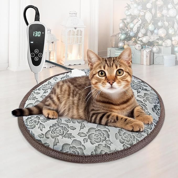Cat Heating Pad Round with Smart Thermostat Switch and Power Line Protection Tube,Obtained MET and UL Dual Certification,Waterproof Pet Heating Pad for Cats-Rose