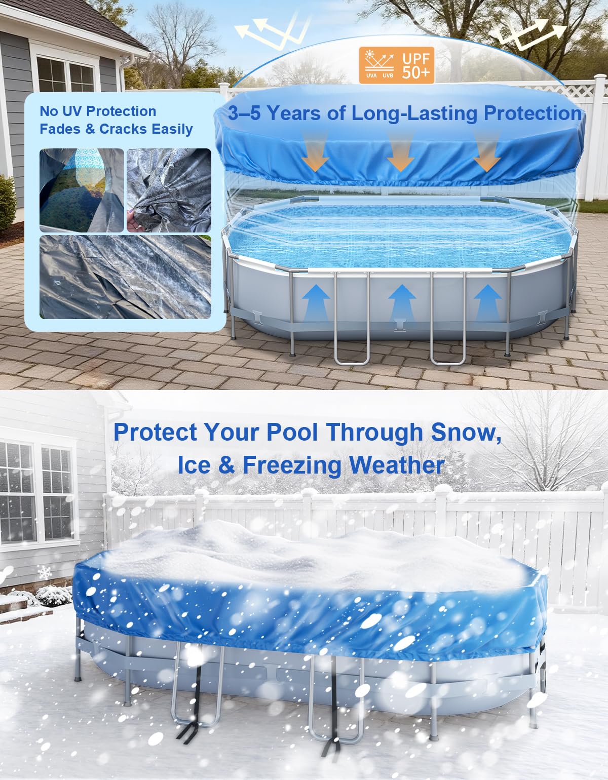 Feelife 16’ x 10’ Oval Pool Cover for Above Ground Pools, Built-in Elastic & 6 Integrated Cords, Easy 20s Setup, Above Ground Swimming Pool Cover Fits 16’ x10’ & 14’x8.2’ Pools