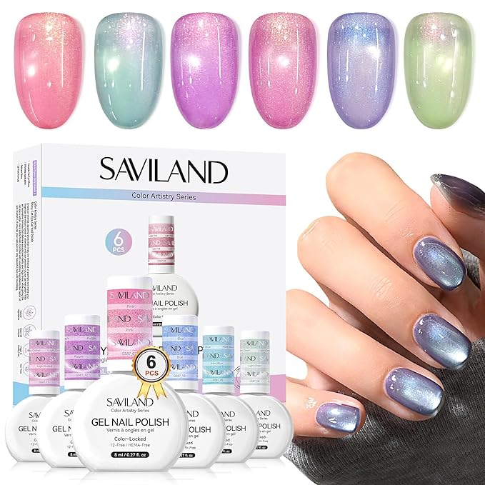 SAVILAND Color Artistry Cat Eye Gel Nail Polish: 6 Colors Crystal Shiny Magnetic Gel Nail Aurora Pink Blue Purple Shimmer Cateye Nail Polish Set Ma