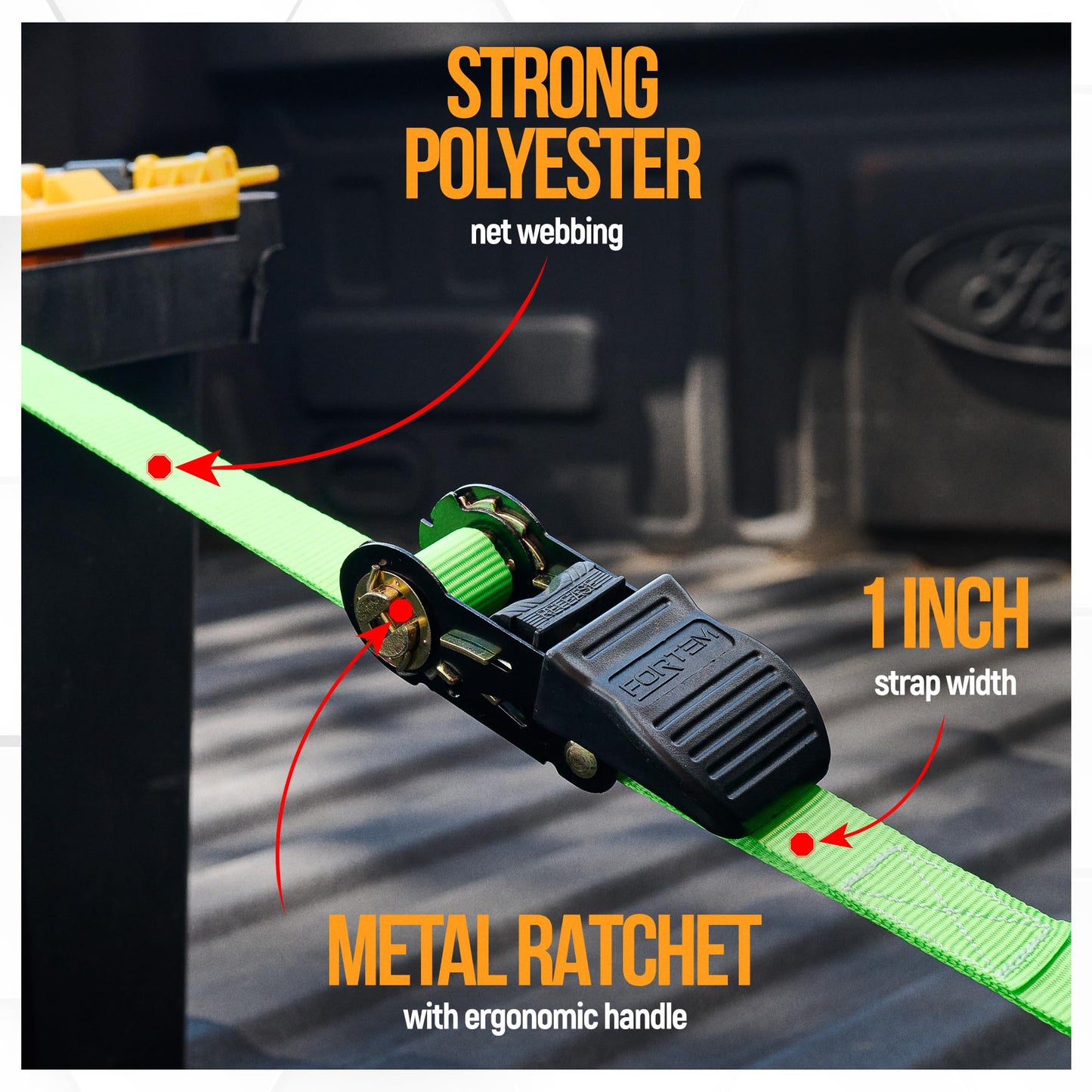 FORTEM Ratchet Straps, Tie Down Strap Set 1650lb Break Strength, 4 Pack 15ft x 1in, 4 Soft Loops, Moving Straps Tie Downs, Cargo Cam Buckles for Trucks, Carry Bag, for Men