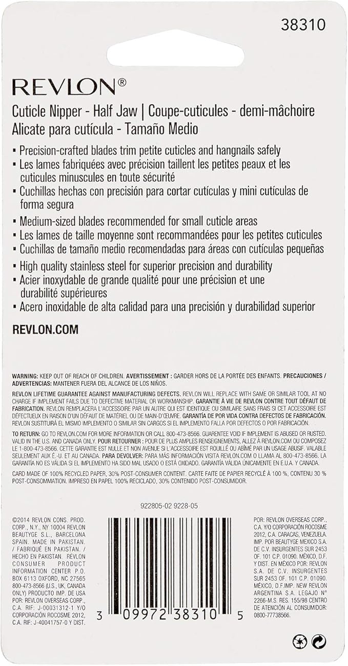 Revlon Half Jaw Cuticle Nipper, Manicure Tool for Nail Care, Hangnail Clipper, For More Precise Trims, Non-Slip Grip, Stainless Steel, 1 Count