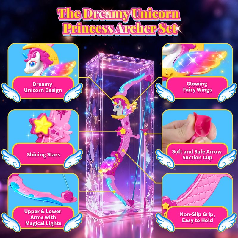 Unicorn Toys for Girls Ages 3-12, 6 Magic Lights BowArrow(Unicorn Horn, Wings, Star, Upper & Lower Arms), Dreamy Quiver & Princess Target, 8 Pink Suction Arrow, Gift for 3 4 5 6 7 8 9 10 Year Old Girl