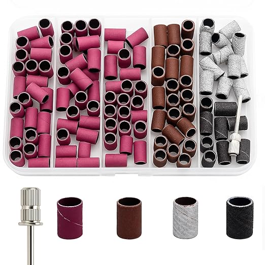 Nail Drill Bits, 145 Pcs Nail Drill Sanding Bands Set - 80# 120# 180# 240# Fine Grit File Sanding Bands for Acrylic Gel Nails, Manicure & Pedicure Nail Tech Tools