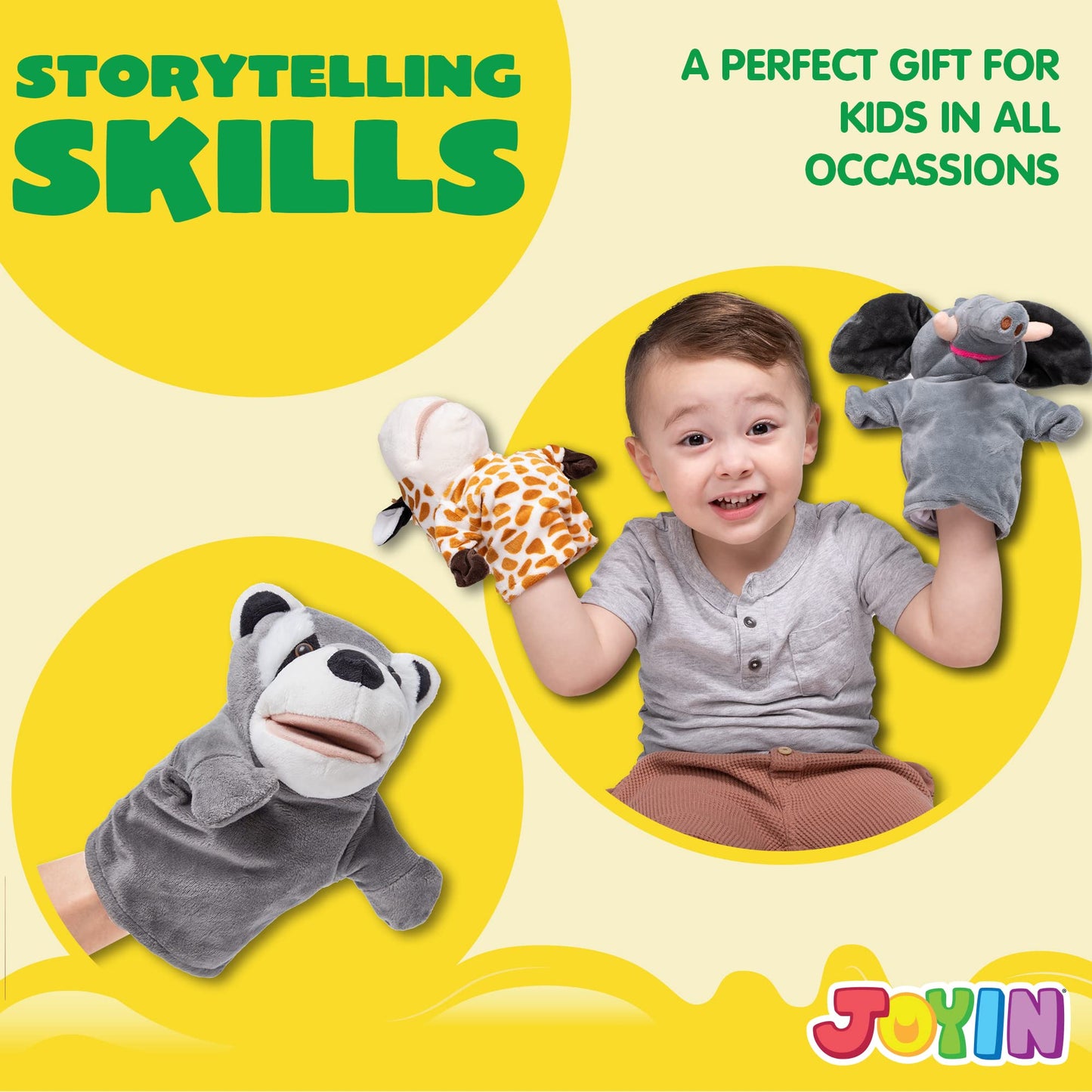 JOYIN 6Pcs Kids Hand Puppet Set with Working Mouth, Toddler Animal Plush Toy Includes Elephant, Giraffe, Lion, Bear, Raccoon and Monkey for Show Theater, Christmas Birthday Gifts for Kid