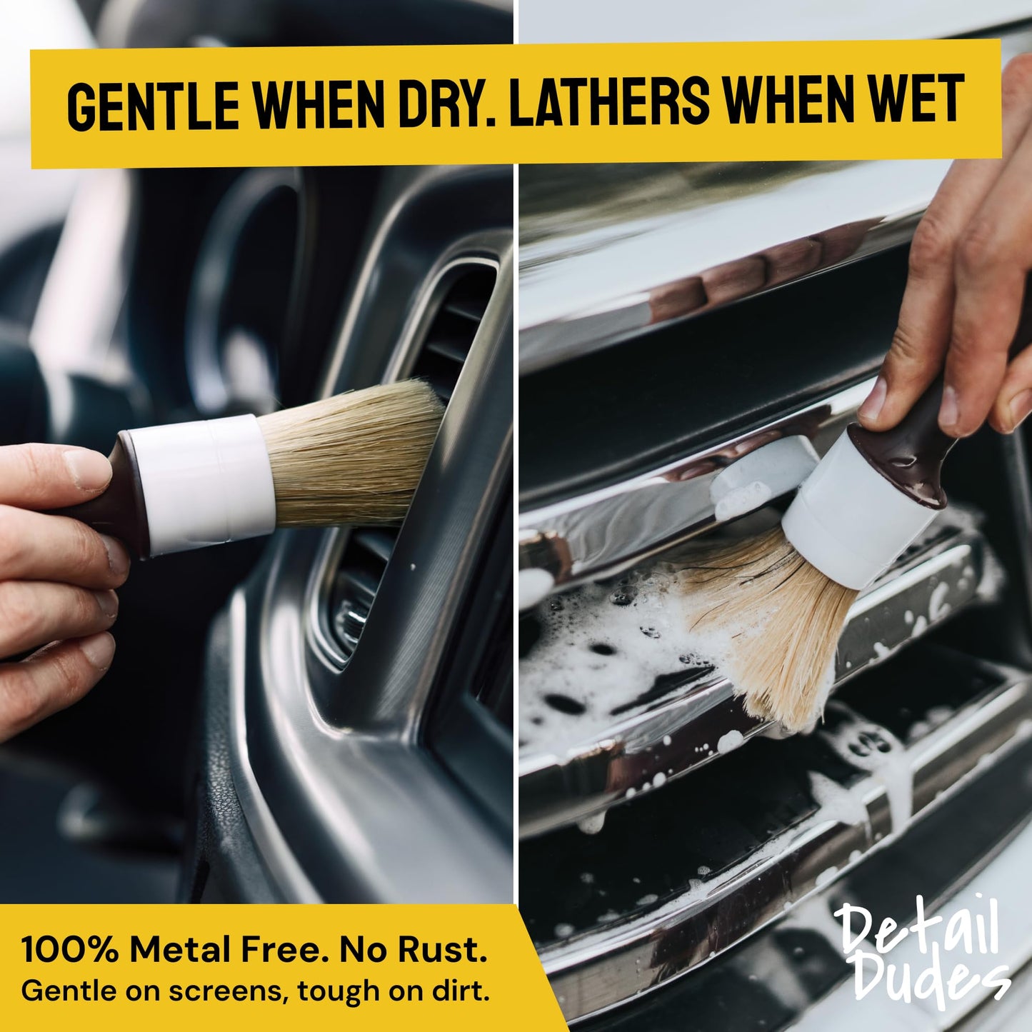 Detail Dudes Soft Boar Hair Car Detailing Brush Set - 6-Pack - Scratch-Free Soft Bristle Cleaning Brushes - Reaches Tight Spots & Interior Car Cleaning Kit - Ergonomic & Durable Detailing Supplies